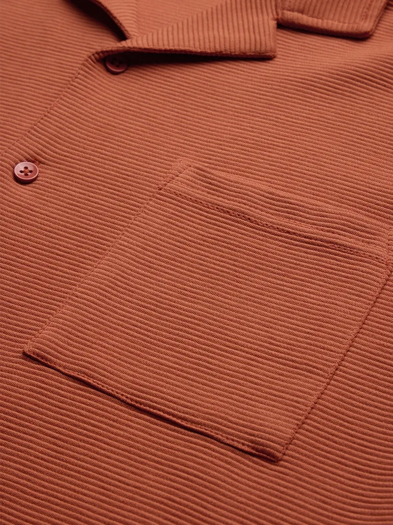 Men Orange Resort Collar Textured Shirt - 5