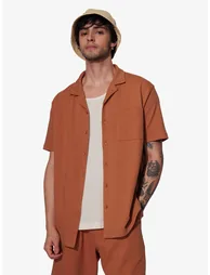 Men Orange Resort Collar Textured Shirt - 1