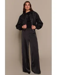 Black Cropped Nylon Bomber Jacket - 2