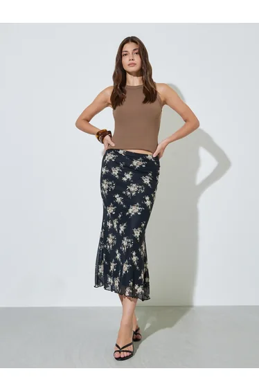 Black Floral Print Bias Midi Skirt