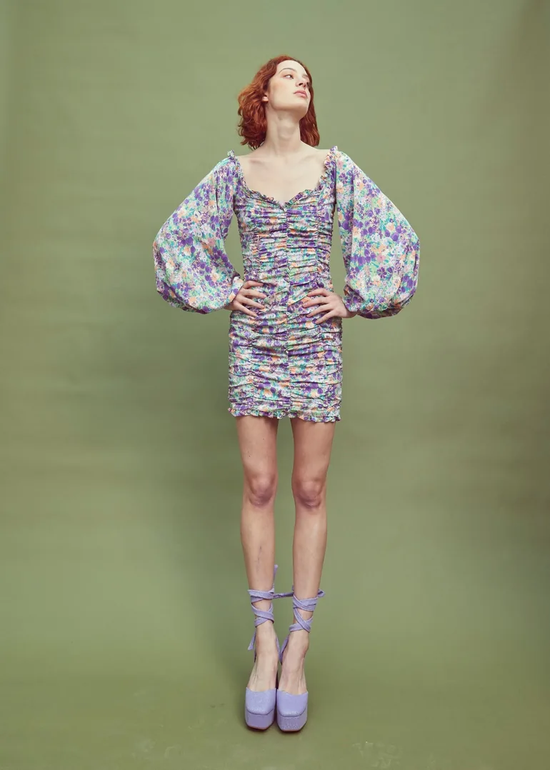 Lilac Garden-Floral Long Sleeve Mini Dress - 2