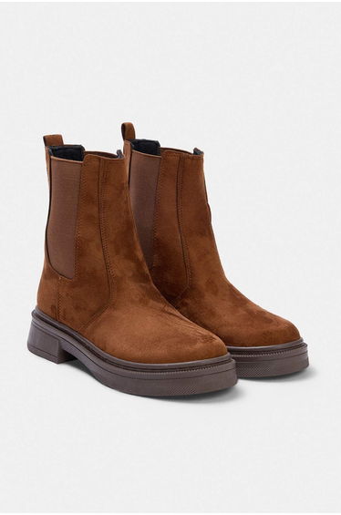 Tan Suede Women's 4 cm Flat Sole Chelsea Boots