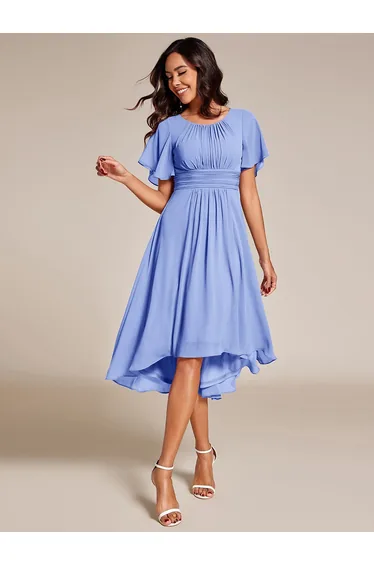 Short-Sleeve Ruffle Pleated Round-Neck A-Line High-Low Wedding Guest Dress