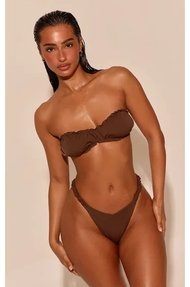 Chocolate Frill Edge Scrunched Bandeau Bikini Top