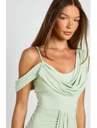 Double Layer Slinky Drape Front Cold Shoulder Maxi Dress - sage - 3