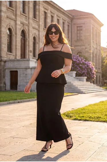 Black Square Neck Drop Sleeve Chic/Night Woven Plus Size Dress
