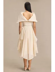 Solid Ruffle Midi Dress With Cape - 4