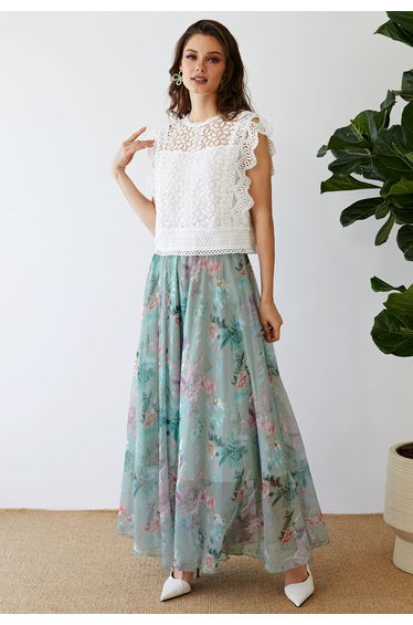 Exuberant Floral Chiffon Maxi Skirt in Green