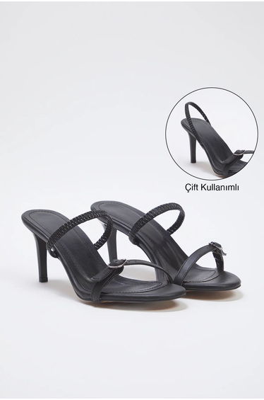 Black Buckle Detailed Dual Use Thin Heeled Almond Toe Women's Heeled Sandals