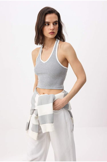 Gray Melange Fitted/Body-Fitting Halter Neck Tie-Detail Piped Cotton Rib Knit Knitted Undershirt