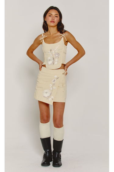 Cream Embroidered Mini Skirt