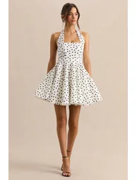 فستان قصير بياقة هالتر بطبعة منقطة لون أسود و أبيض - 3