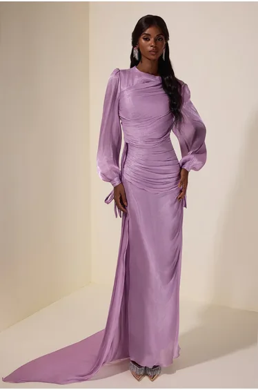 Gathering Lantern Sleeve Lace-Up Maxi Dress