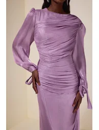 فستان ماكسي مزموم برباط بأكمام - 6