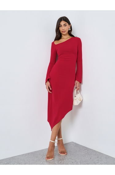 Solid Long Sleeve Asymmetric Hem Midi Dress