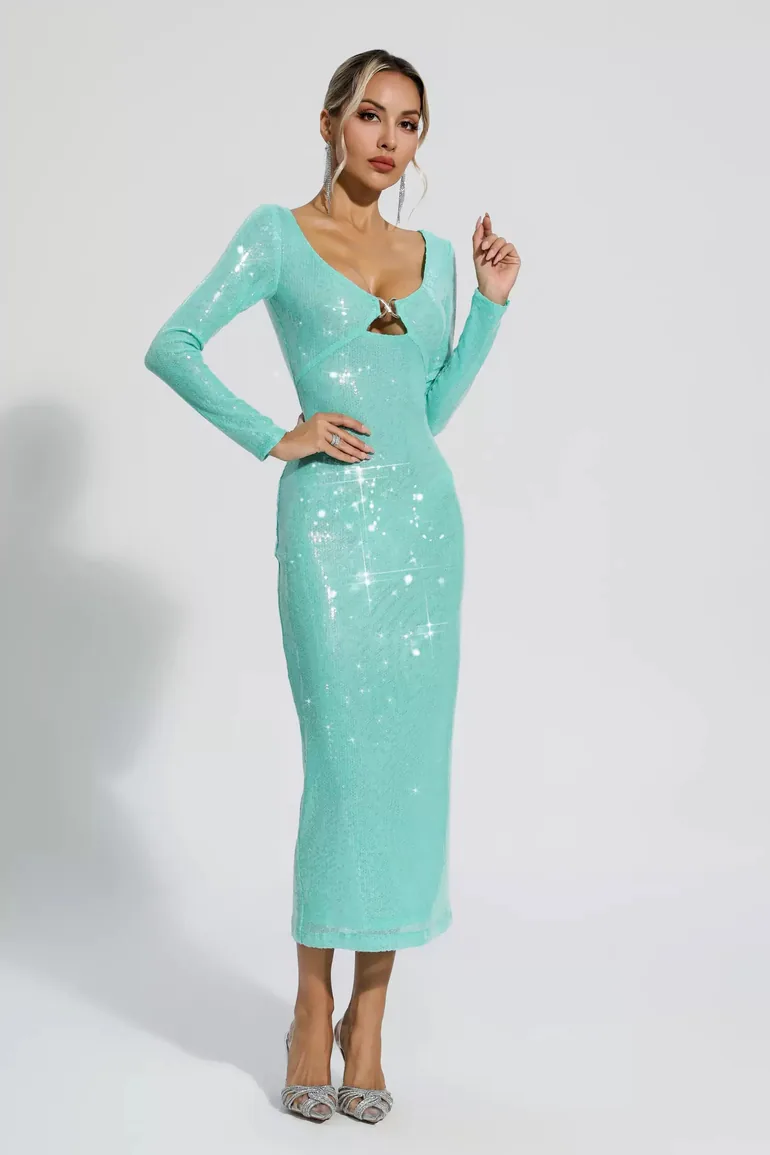 Winnie Green Long Sleeve Sequin Midi Dress - 1