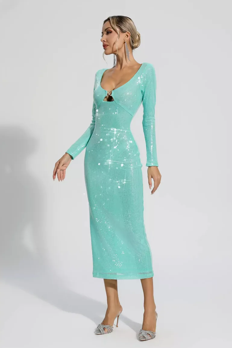 Winnie Green Long Sleeve Sequin Midi Dress - 6