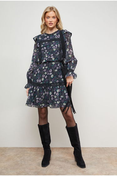 Printed Lace Trim Pleat Detail Mini Dress