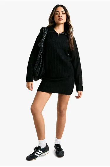 Soft Knit Thick Rib Zip Neck Oversized Jumper And Mini Skirt Set