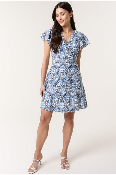Printed Frill Sleeve Wrap Front Belted Waist Dress