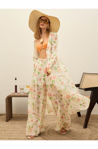 White Floral Long Top and Wide Leg Pants Co-Ords