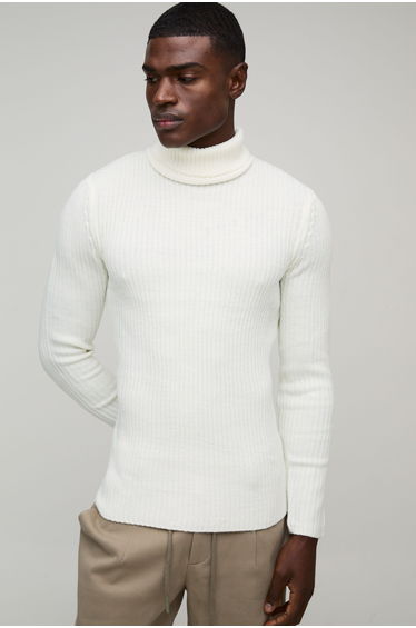 Muscle Fit Ribbed Roll Neck Knitted Jumper - ecru