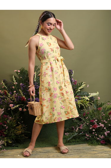 Floral Printed Halter Neck A-Line Midi Dress with Belt