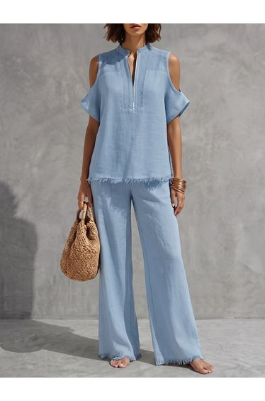 Fringed Cold Shoulder Half-Zip Solid Color Short Sleeve Blouses&Shirts Tops + Pants Bottoms Trousers Two Pieces Set