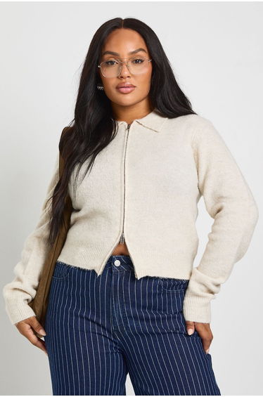 Plus Collared Zip Up Soft Knit Cardigan - cream