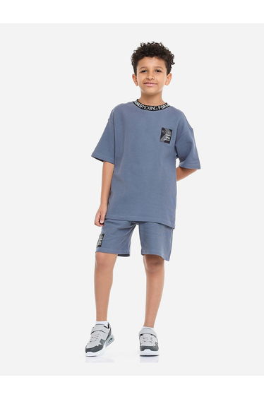 Boys Blue Printed Neckline T-Shirt and Shorts Set