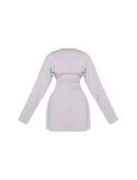 Petite Grey Marl Ruched Side Long Sleeve Jersey Mini Dress - 4