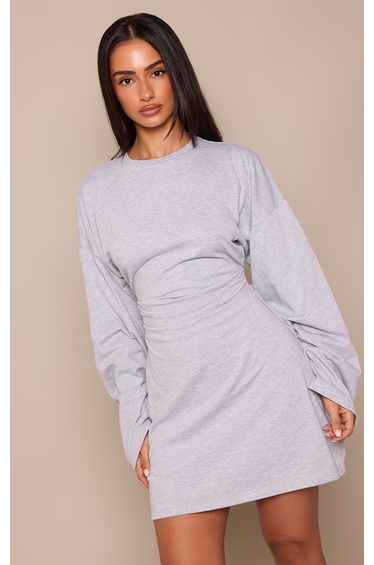 Petite Grey Marl Ruched Side Long Sleeve Jersey Mini Dress