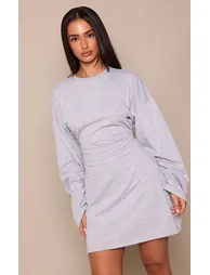 Petite Grey Marl Ruched Side Long Sleeve Jersey Mini Dress
