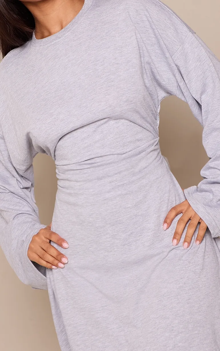 Petite Grey Marl Ruched Side Long Sleeve Jersey Mini Dress - 3