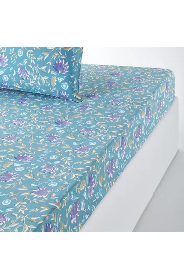 شرشف سرير قطن مغسول بطبعة أزهار بحواف مطاطية ارتفاع 30 سم 