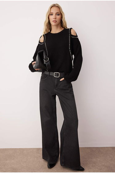 Black Shoulder Cut Out/Window Detailed Pearl Embroidered Knitwear Sweater