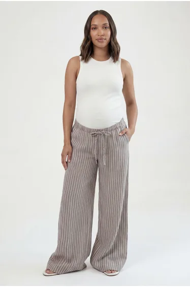 Maternity Woven Stripe Elasticated Waist Wide Leg Trouser - chocolate