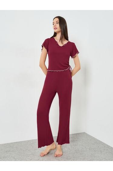 Burgundy Lettuce Edge Notch Neck T-Shirt and Pyjama Set
