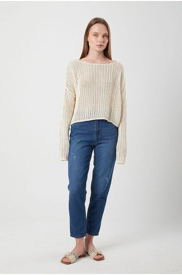 Mixray Openwork Boat Neck Crop Knit Top