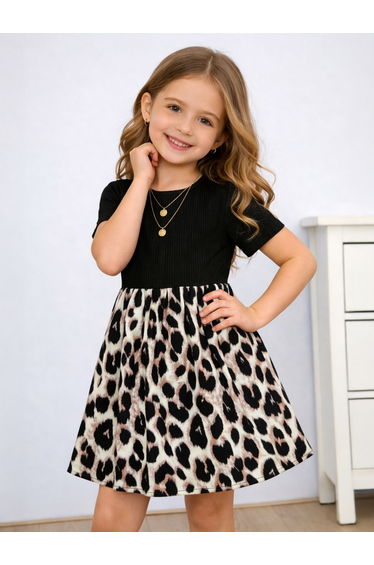 Girls Leopard Print Short Sleeve Dress