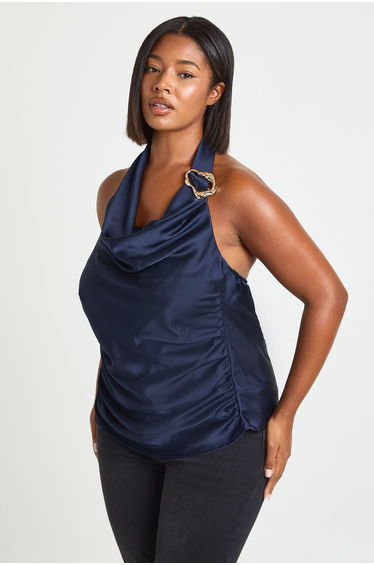 Plus Gold Trim Halter Satin Top - navy