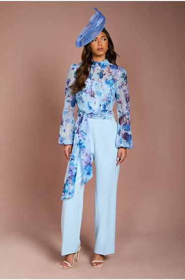 Blouson Sleeve Pintuck Detail Wide Leg Wedding Guest Jumpsuit