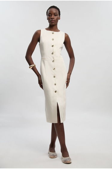 Tailored Linen Statement Button Front Pencil Midi Dress