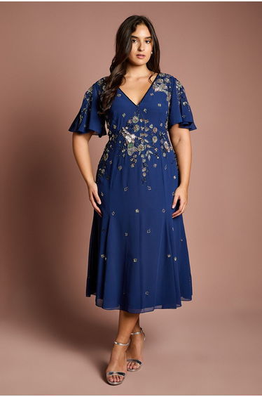 Plus Floral Embellished Flutter Sleeve Midi Dress
