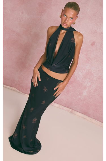 Navy Ditsy Floral Satin Maxi Skirt