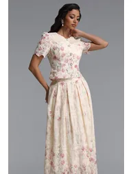 Ignacia Romantic Flowy Short Sleeve Floral Print Embroidered Woven Top and Skirt Two Piece Set - 3