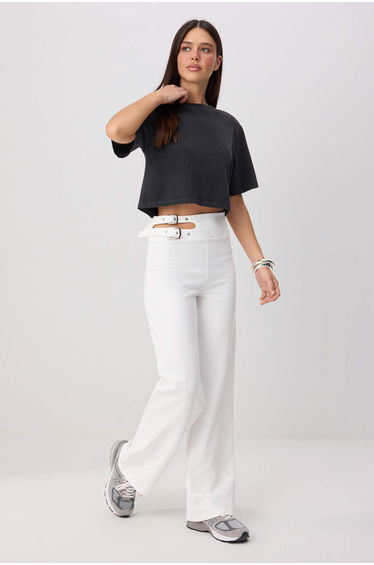 White Belt Cut Out Detailed Wide Leg Fabric Trousers