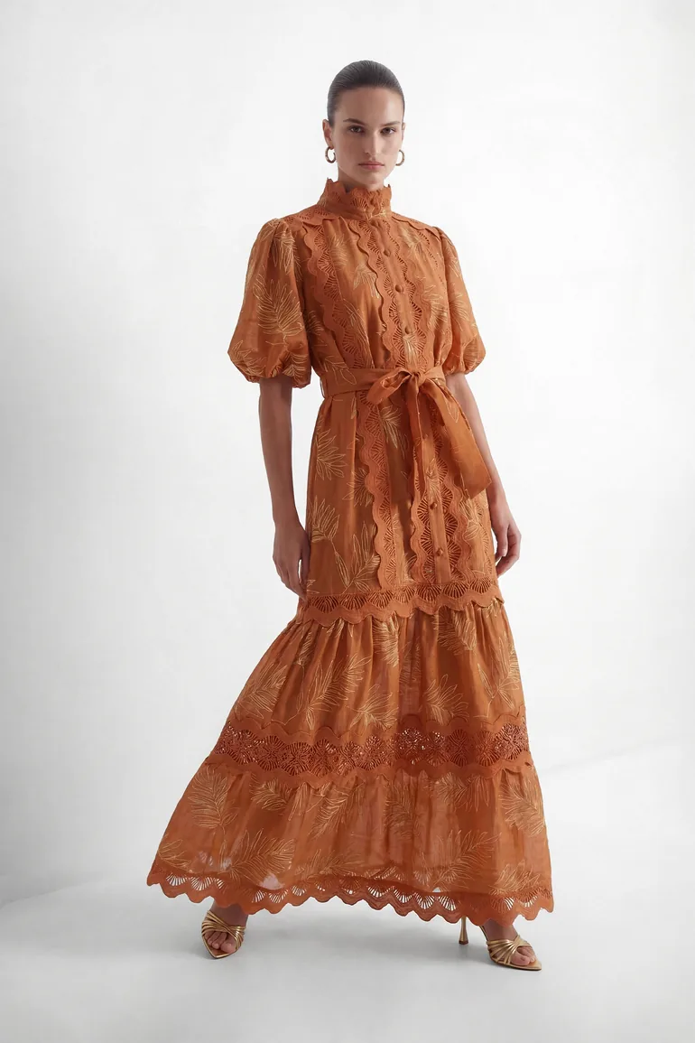 فستان سانفير قميص بني ماكسي على شكل حرف A بطبعة أزهار - 3