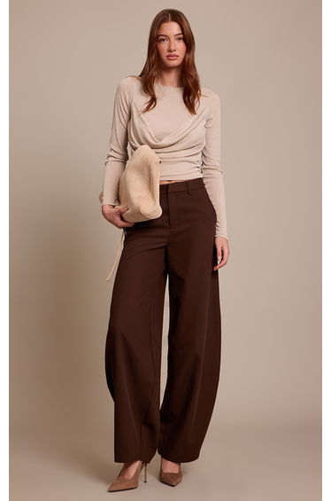 Beige Burnout Mesh Drape Detail Long Sleeve Top
