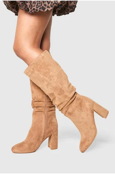Ruched High Block Heeled Knee High Boots - taupe